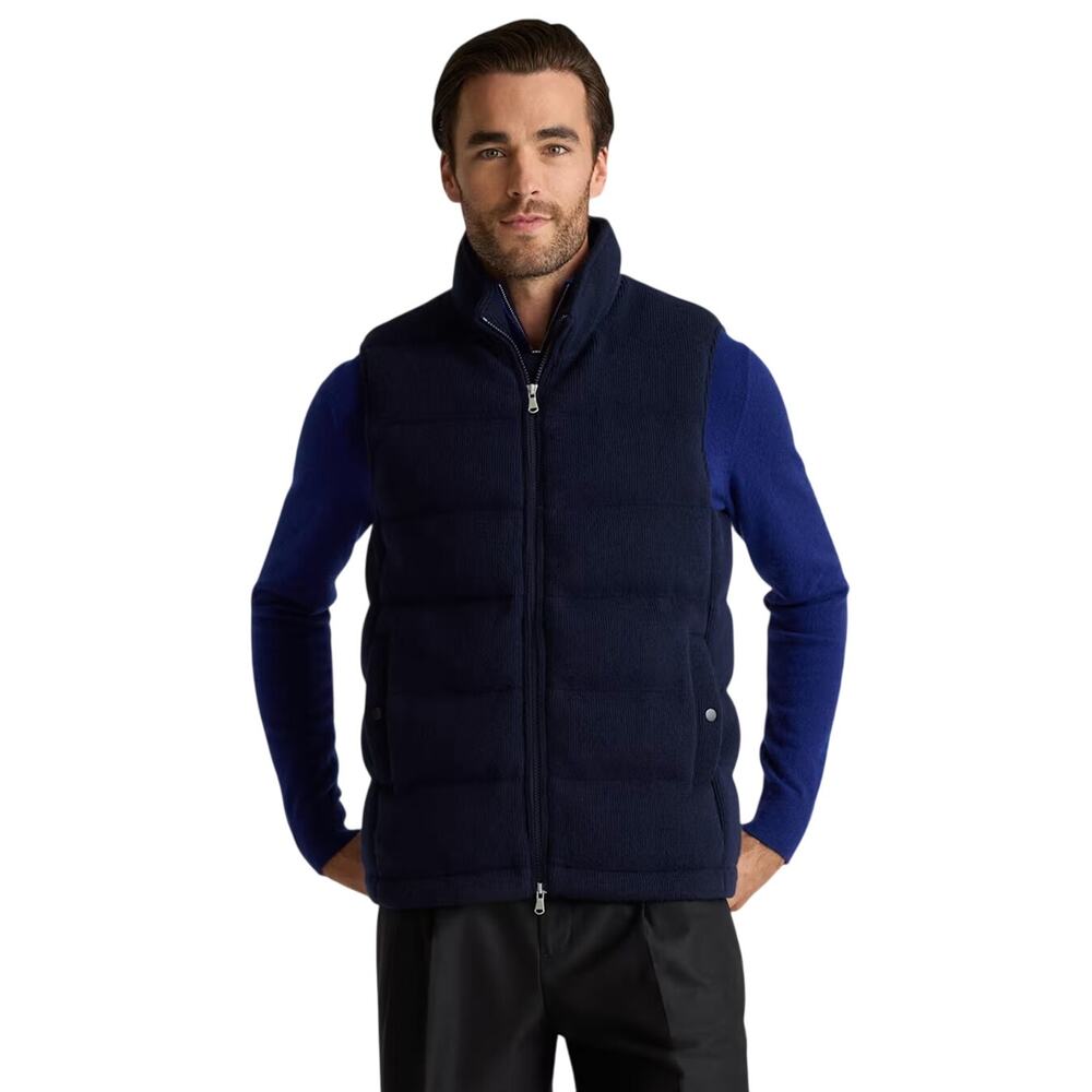 EUC Quince Men’s L Mongolian Cashmere Puffer Vest Jacker True Navy Blue $300